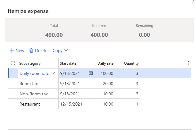 Screenshot des Rasters „Aufschlüsselung“ mit Feldern für Unterkategorie, Startdatum, Tagessatz und Menge.